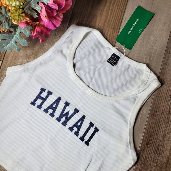 NWT SHEIN EZwear White Ribbed Hawaii Cropped Tank Top Size 4 - Picture 12 of 16